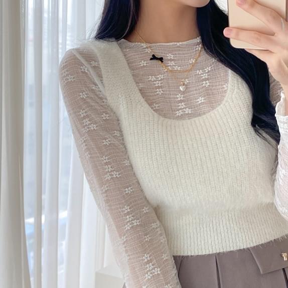 Planning Menchi Flower See-Through T Layered Lace T See-Through T Mesh T Flower Embroidery