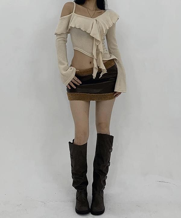 카멜 연말 파티룩 섹시 유니크 겨울 시어링 무스탕 레더 로우라이즈 미니 스커트(블랙,브라운)