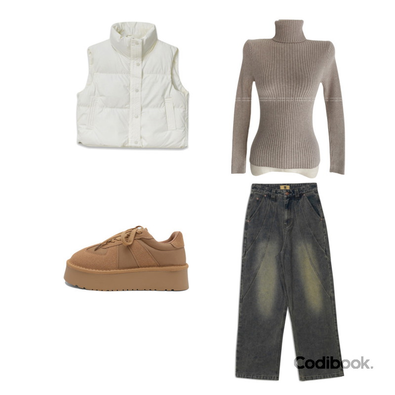 ITSHU 딜로 귀여운 콤비믹스 둥근코 레이스업 통굽 스니커즈(4.5cm),binary01 시티브 와이드 데님팬츠,binary01 루팩 웰론 패딩 베스트등을 매치한 코디