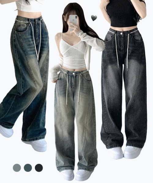 Midnight back banding string strap high waist Split line vintage Faded long wide denim pants banded pants jeans all-season jeans