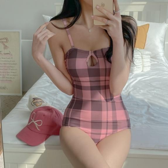 썸머기획 핑크뮬리체크모노키니(1c) 핑크체크모노키니 트임모노키니 비치룩 스윔웨어 체크수영복