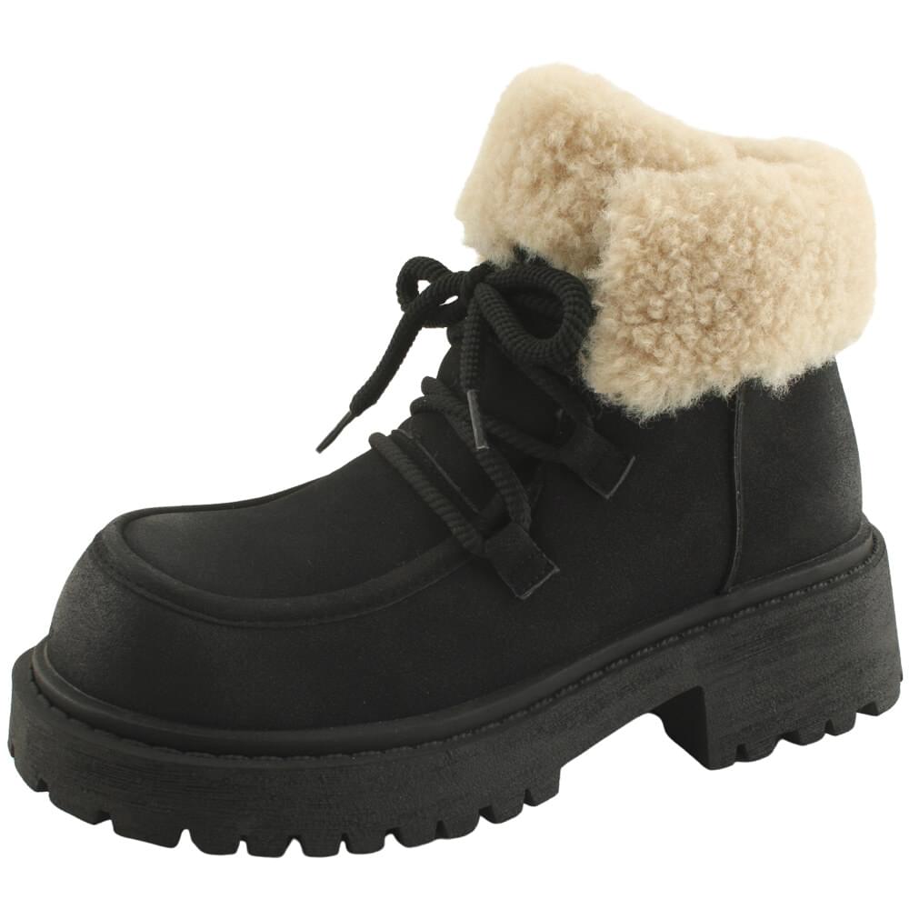 Fur lace-up walker ankle boots 5cm black
