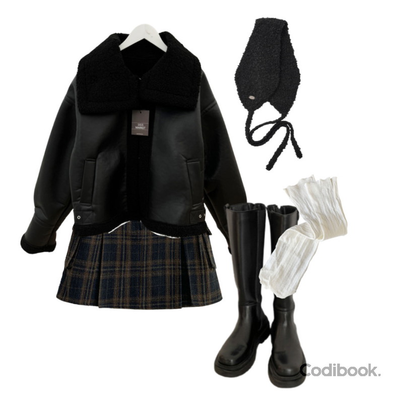 kim9hope lace socks,1015MARKET 프라임 퍼 무스탕,GENERALIDEA WOMAN 울 부클 리본 귀도리등을 매치한 코디