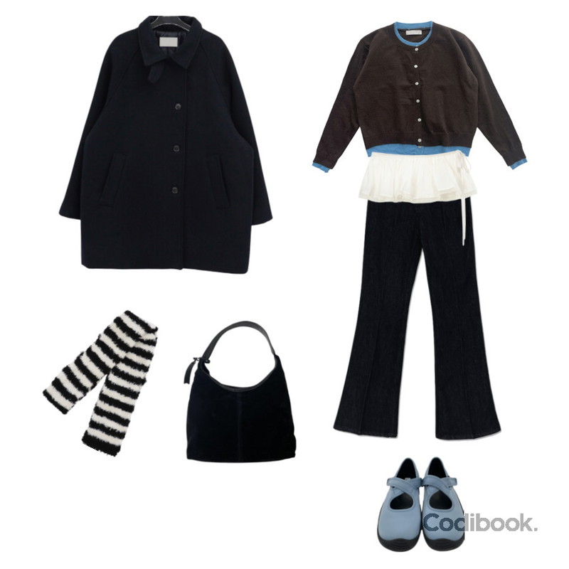 AAKE NEOPRENE VELCRO SHOES (3color),ondeed 루멜 스웨이드 레더 배색 빅 숄더백,AAKE (WOOL) LAYERED COLOR CD (4color)등을 매치한 코디