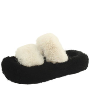 Fur Two-tone Double Strap Fur Winter Slippers Ivory