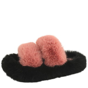 Fur Two-Tone Double Strap Fur Winter Slippers Pink