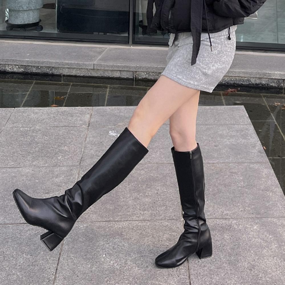 Glossy square toe heel basic long boots Spandex zipper long leg leather middle heel western high boot height height short woman shoes shoes 3COL