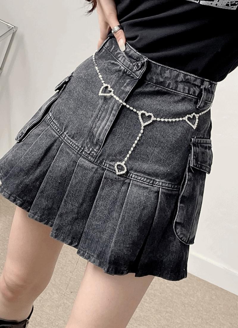 黑色工裝口袋百褶牛仔網球短裙