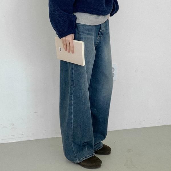 TAFNI Fleece-lined Wide Denim Pants