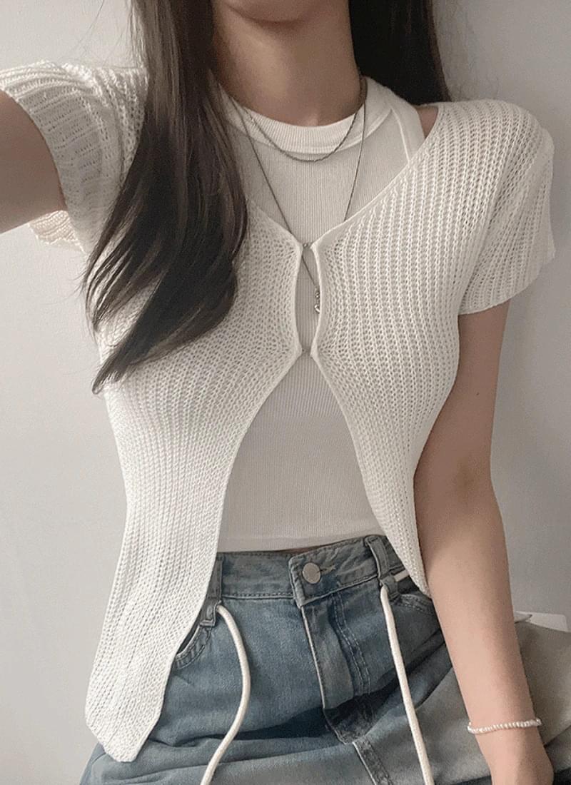 Hook Y2K Summer Knitwear Layered Vest V- V-Neck Short Sleeve Cardigan 3color