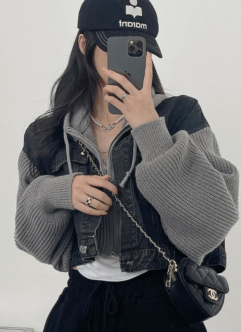 Model Eater Crop Knitwear Color Matching Jean Jacket 2color
