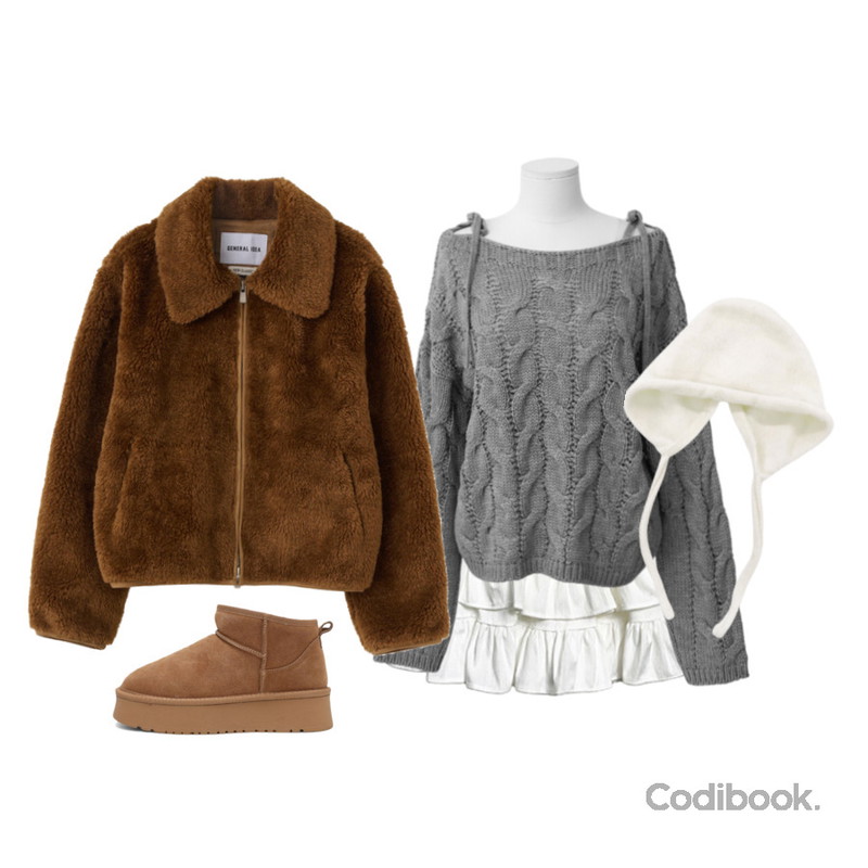 wonderwonder 바닝 앙고라 귀도리 트루퍼햇 모자,ITSHU 케이스&벨프 두가지 길이 발수기능 천연소가죽 프리미엄 방한 통굽 앵클 퍼부츠(4.2cm/기모안감),anyonemore 토프 벨벳 캉캉 미니 스커트 (2color)등을 매치한 코디