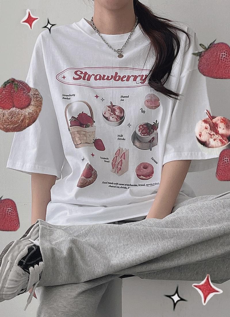 Strawberry Strawberry Overfit Printing Lettering Short Sleeve Retro T-shirt 2color