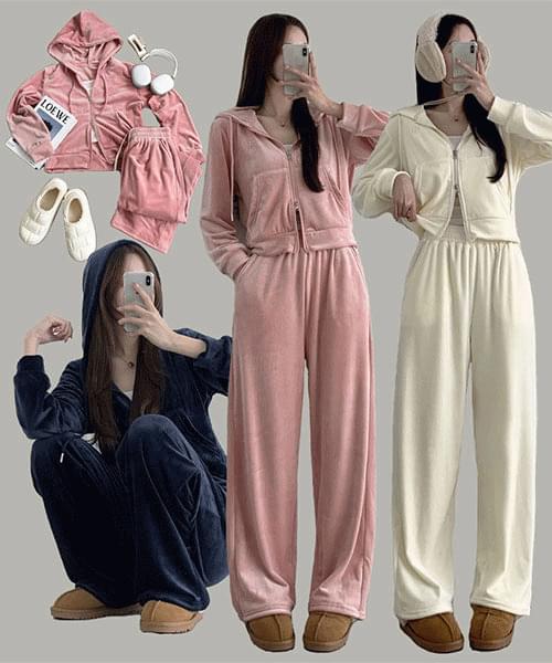 Embroidered Velvet Two Way Crop Hooded Zip-Up Banding Wide Pants Two-Piece Velour Set