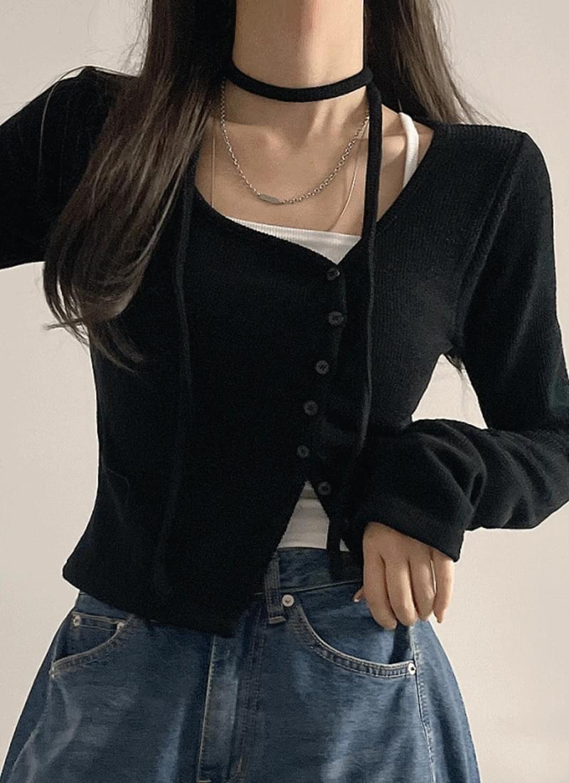 *머플러set,겨울* 빌리 언발 단추 브이넥 가디건+목도리 쵸커 리본끈 셔링 세트3color