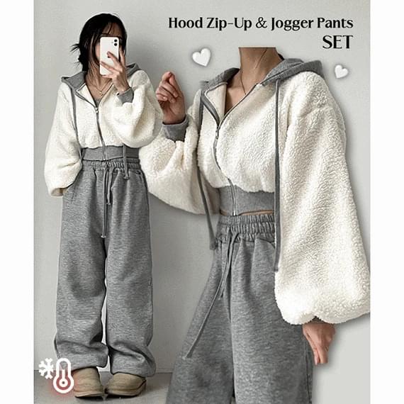 덴스배색양털후드집업기모조거팬츠세트셋업 (3color)