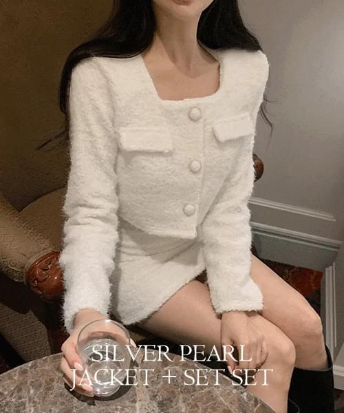 Silver pearl square jacket + mini skirt