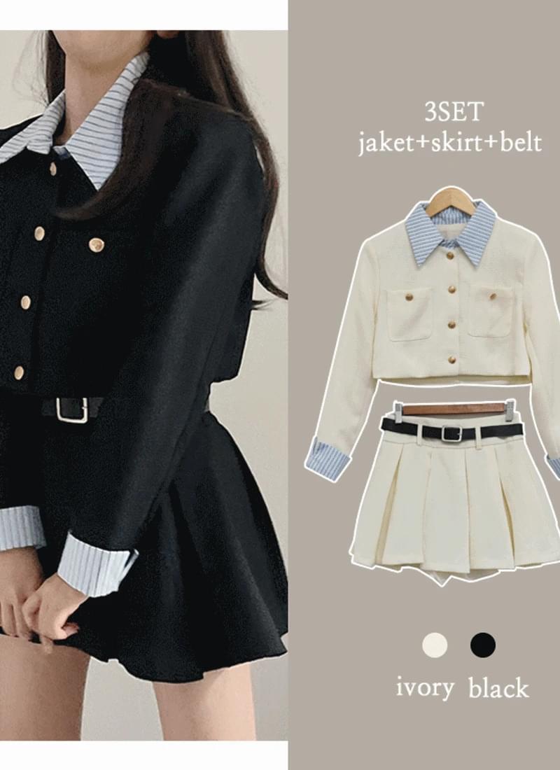 트위드 자켓+벨트+주름 펌핀 스커트 스트라이프 셔츠 레이어드 세트 2color