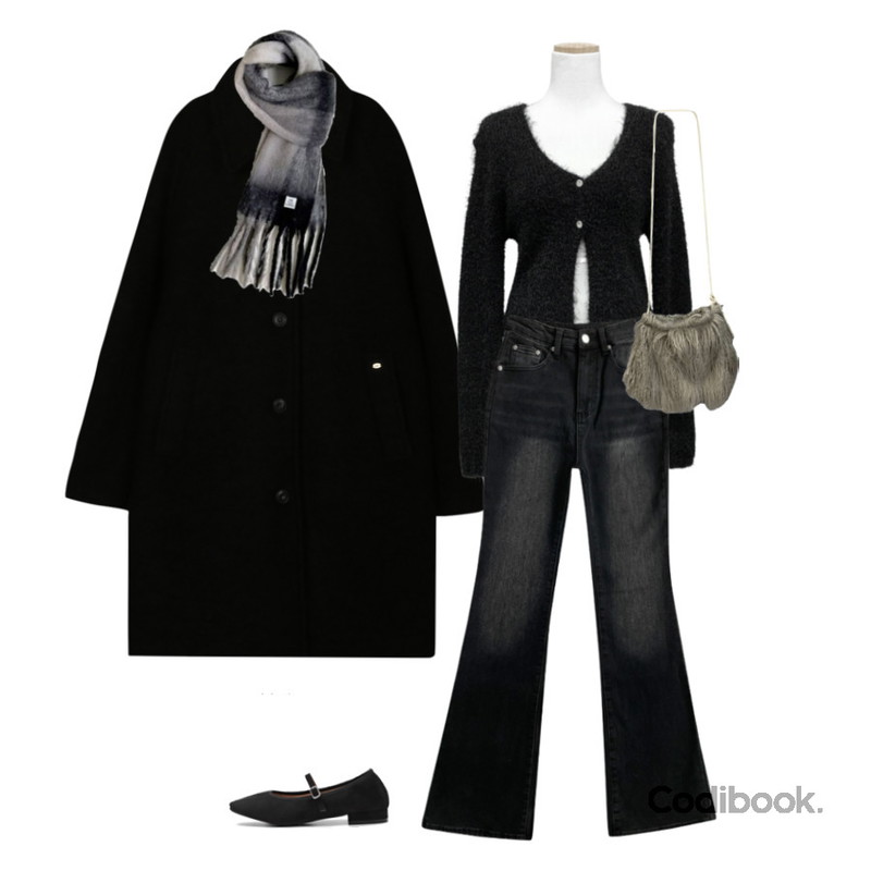 MANDARINE TREE # 프렌느 체크 머플러 수술 롱 목도리 겨울 선물 커플템 11 color,Zemma World MMMM테디 울부클 하프코트,ITSHU 슬린 롱더블쿠션 바이어스 메리제인 로우힐 슈즈(2.0cm)등을 매치한 코디