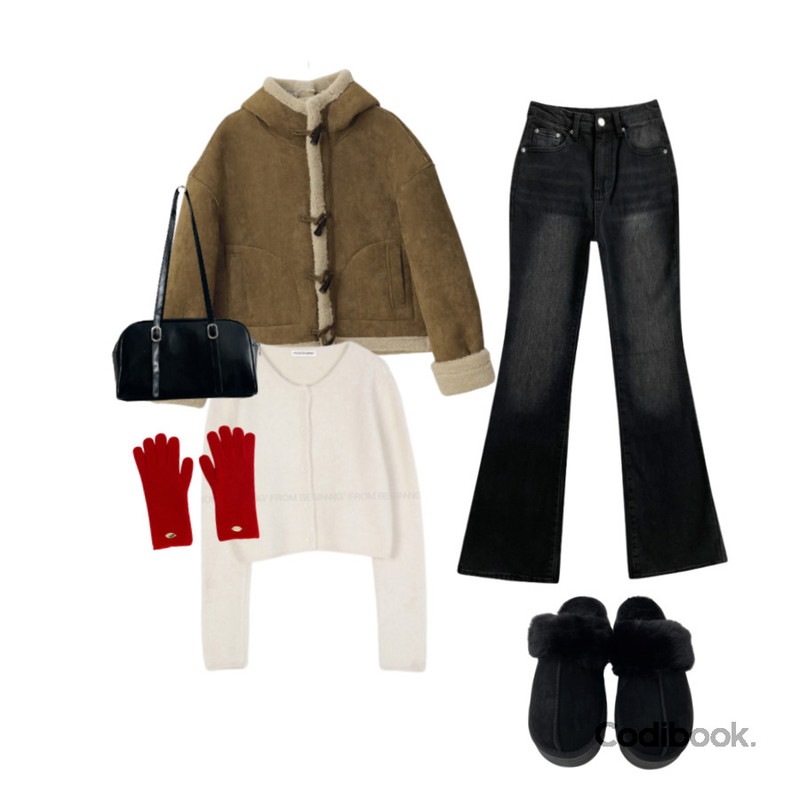 AAKE PLATFORM UGG SLIPPER (beige / black),HIJJOO 나빈벨트사각숄더백 (2color),From Beginning 봉봉 앙고라 라운드 가디건 (3color)등을 매치한 코디