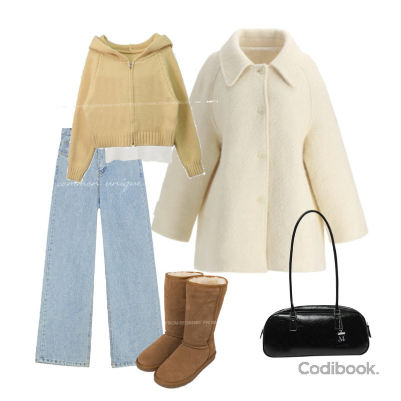 common unique 내추럴 와이드 핏 데님 팬츠 (가을/겨울/사계절/하이웨스트/빈티지/연청/진청/중청/흑청),MUCENT ROMA CRACK KEYRING BOWLING BAG (Black,Ivory,Silver) 로마 크랙 키링 레더 숄더 볼링 백 (블랙,아이보리,실버),From Beginning 폴딩 미들 어그 부츠 (3type)등을 매치한 코디