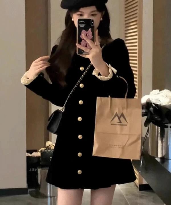 Berryna Gold Button Black Velvet Dress 短裙