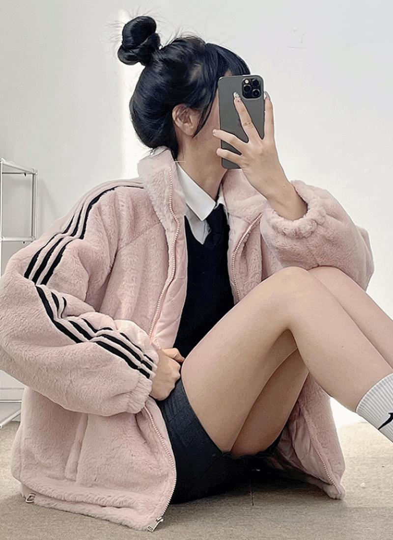 두줄 밍크퍼 온스 오버핏 집업 점퍼 3color