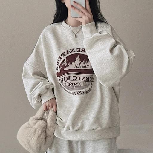 Boxy Overfit Tree Print Fleece-lined Sweatshirt 3 Colors