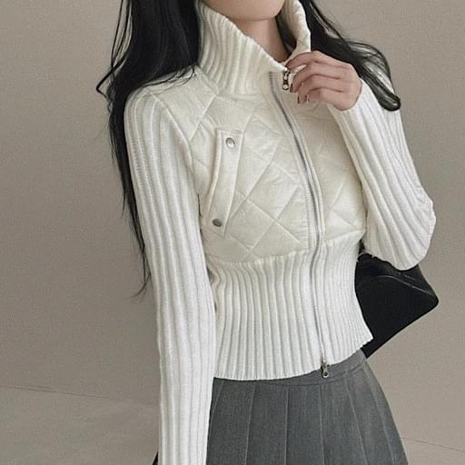 Two-way diamond quilting high neck Ribbed knitwear zip-up 2color