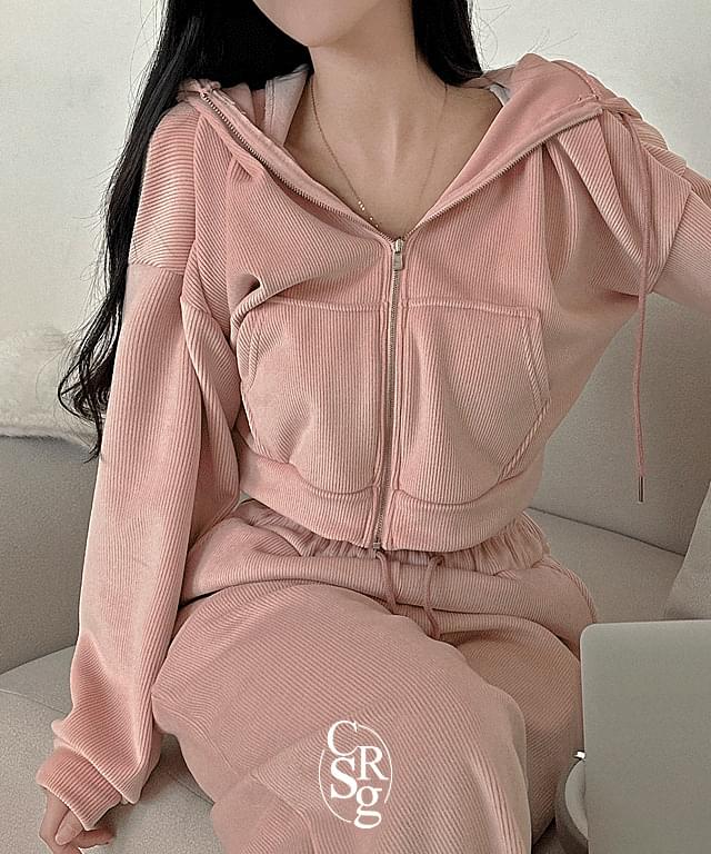 Velvet Fleece-lined Crop Hoodie + Wide Pants Training Set