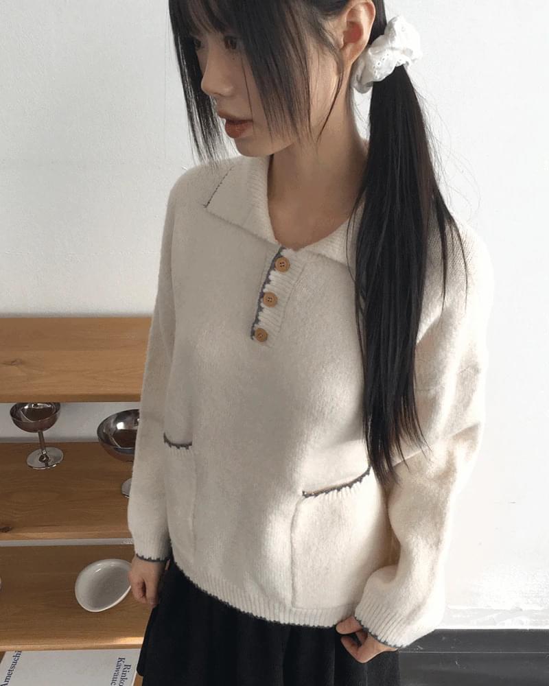 Midden color blocking half button pocket collar knitwear