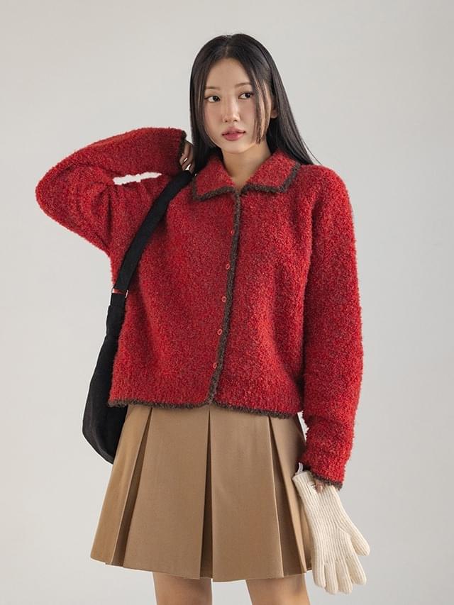 Big size 55-88 Felden loose Loose-fit bouclé contrast collar knitwear cardigan