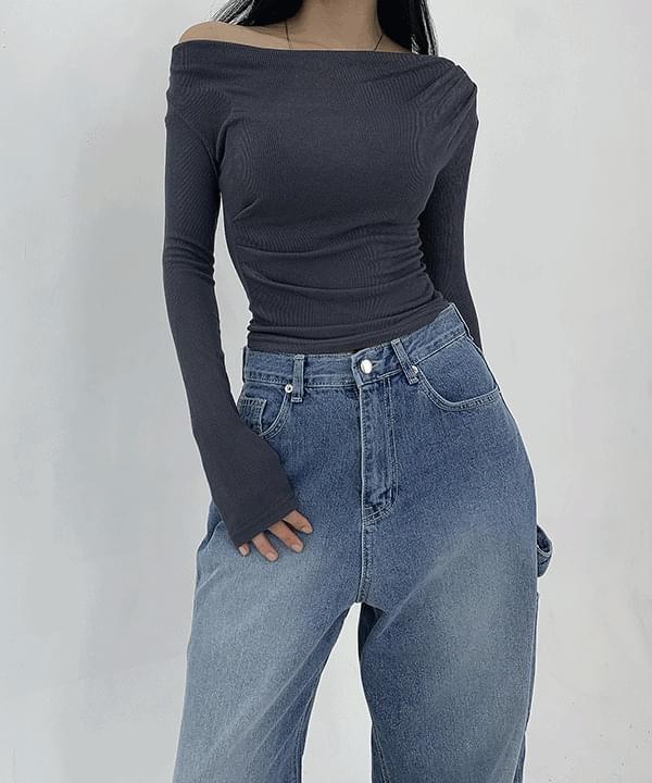 Moment shirring off-shoulder slim Ribbed long sleeve long sleeve crop t-shirt top