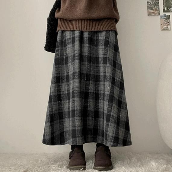 Vientiane check flare banding long skirt