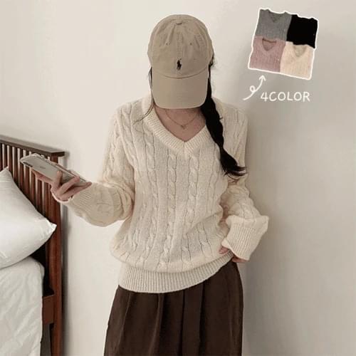 Polani V-Neck Pendant Loose-fit Twisted Long Sleeve Knitwear 