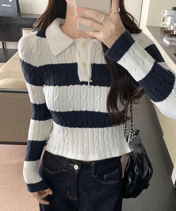 Morinte Stripe Collar Slim Fit Knitwear