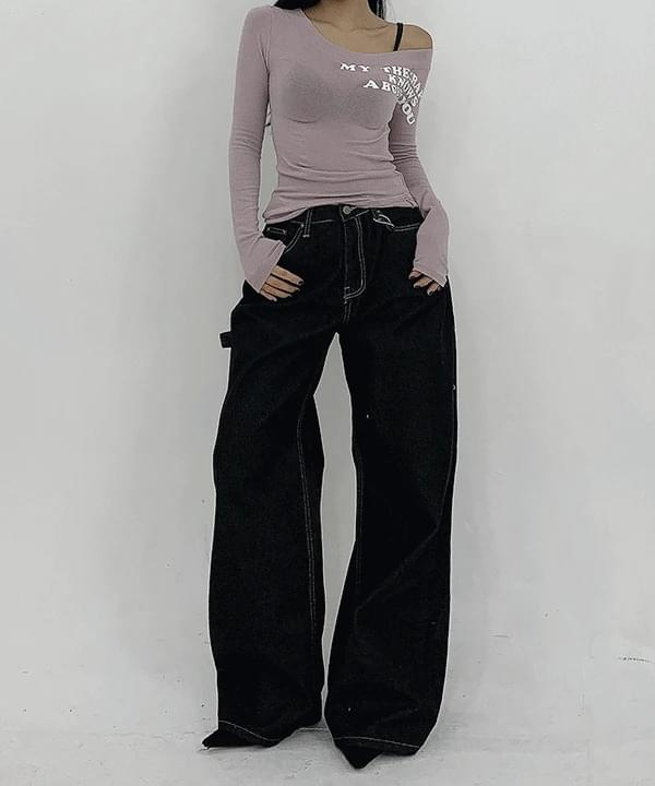 Dragon Unique Pocket Stitch Raw Denim Wide Pants