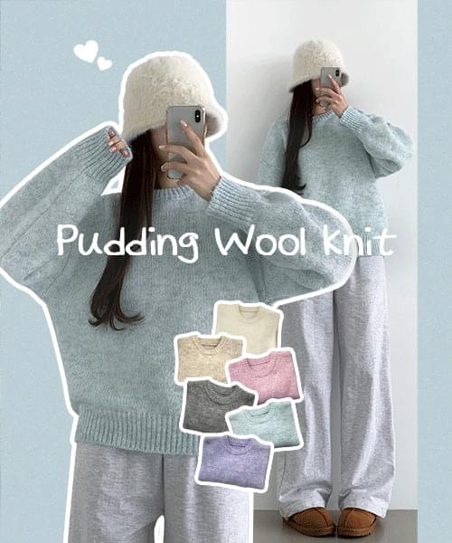 Pastel pudding color wool blend basic round knitwear