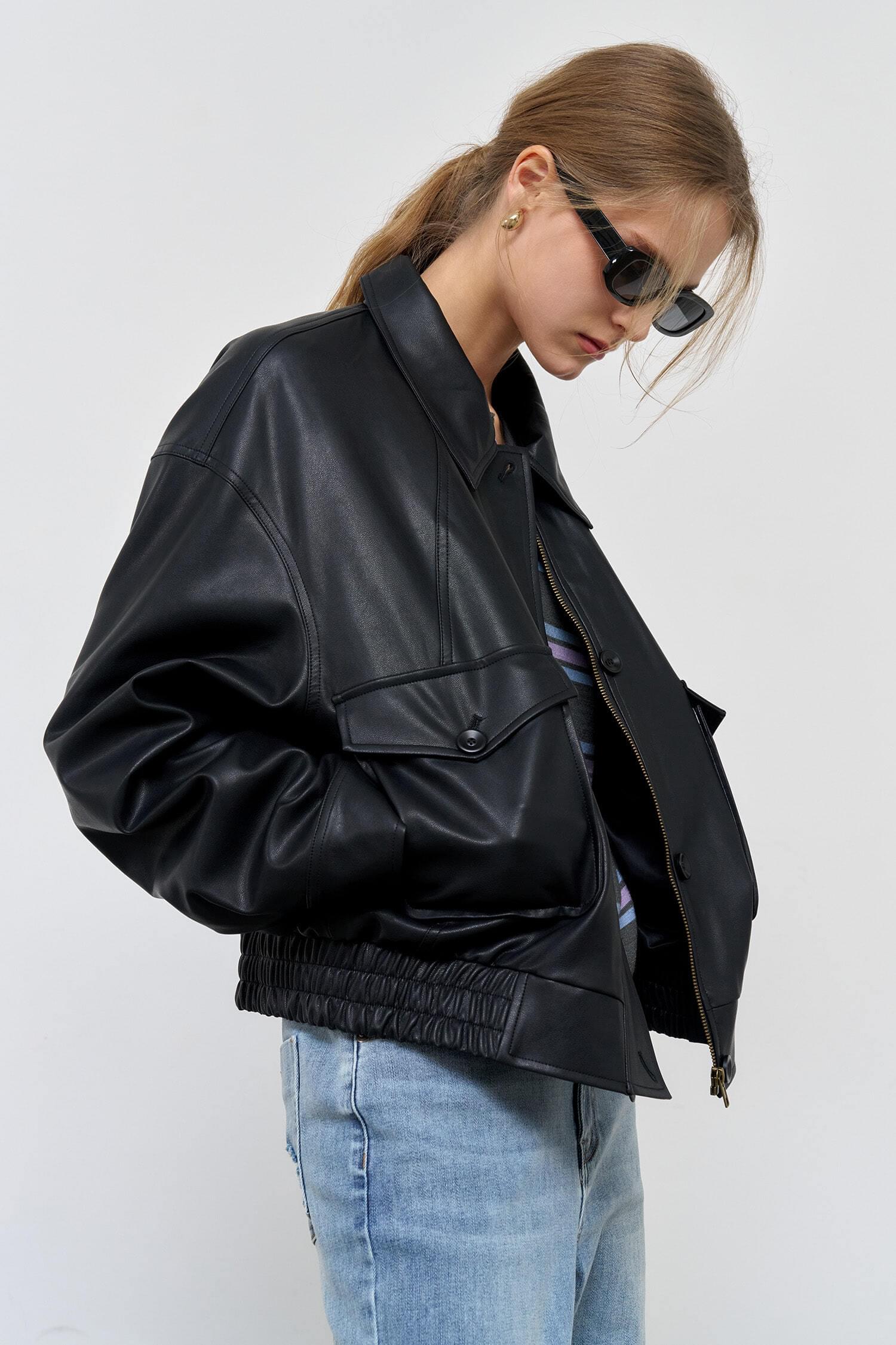 WOMAN Faux Leather Placket Blue Jacket