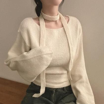 Sleeve Balloon Lip Neck Crop Knitwear 6color