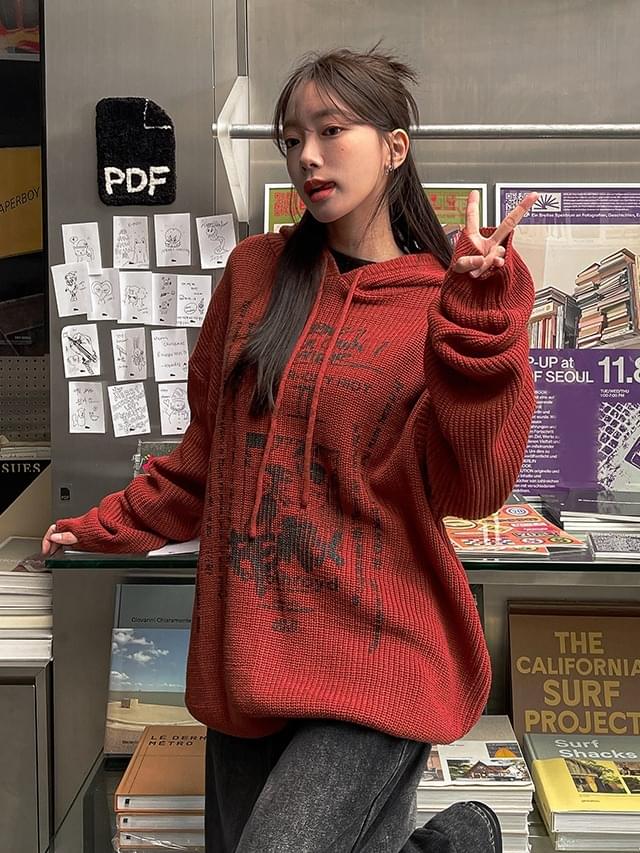 Big size 55-120 Graphy printing Loose-fit loose fit long sleeve warmer hooded knitwear 