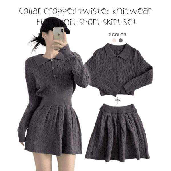 Obel Twisted Crop Collar Knitwear + Flare Waistband Short Skirt Set