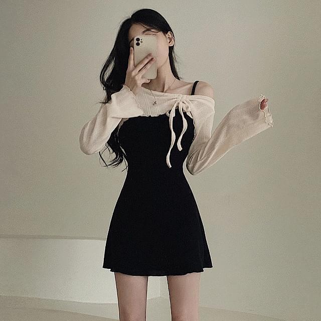 Tinker Crop Shirring Long Sleeve Bolero Mini Dress Two Piece Set 4color (Ships Today)