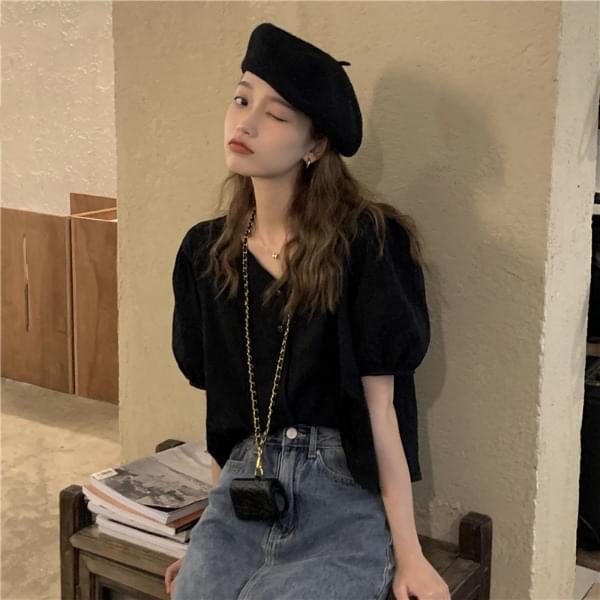 Salon Button V-Neck Blouse