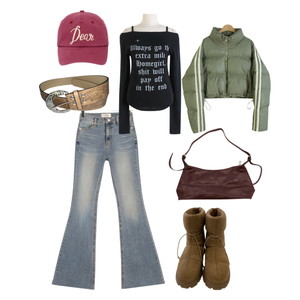 winter,y2k,outfit,アウター,オフショル,冬コーデ,ダウンジャケット,ブーツ 코디