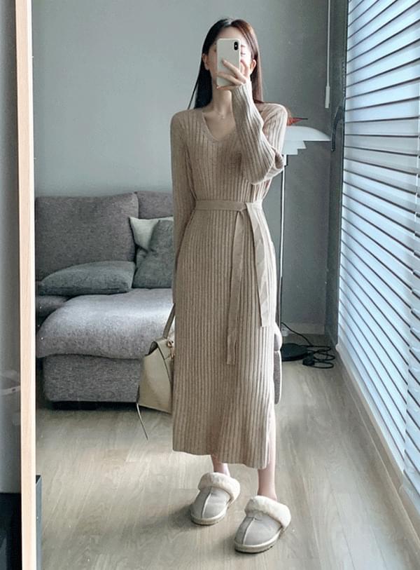 V-Neck Ribbed Knitwear Long Dress