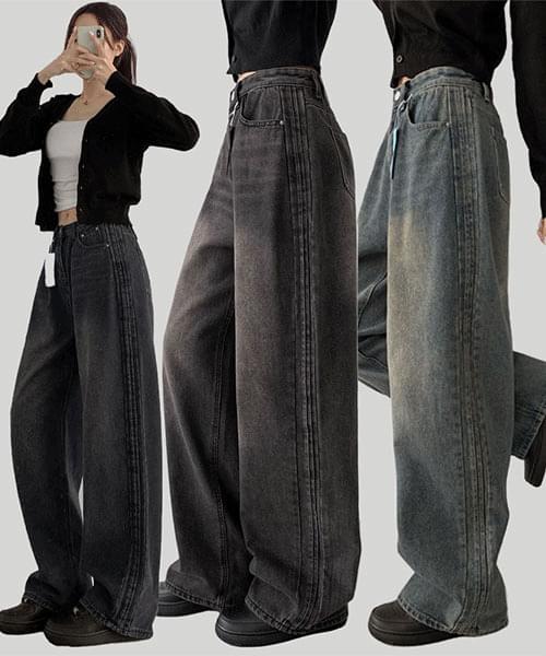 ~XL side tape Split line Fleece-lined wide denim pants