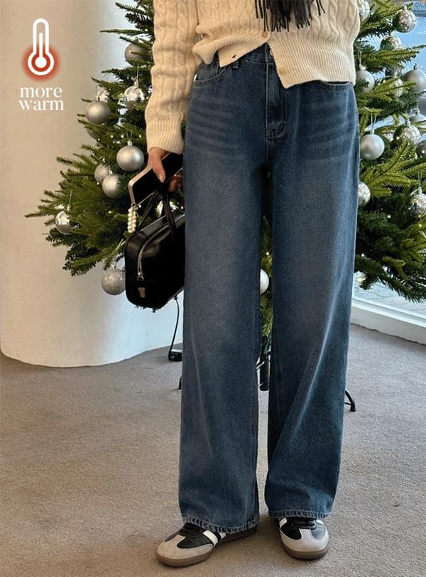 Fleece-lined denim wide pants