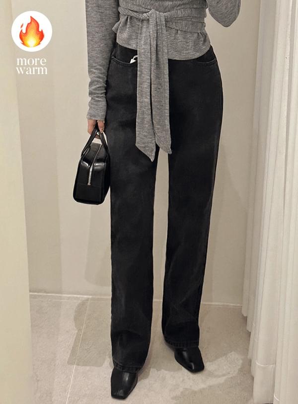 Wide black Fleece-lined denim pants