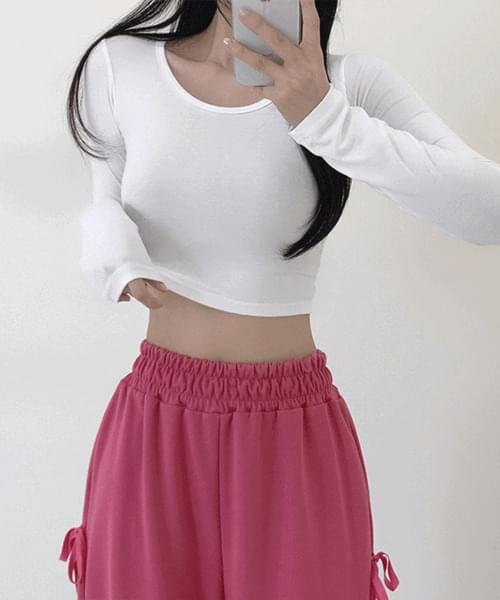 뷰란 라운드넥 크롭 슬림 긴팔 티